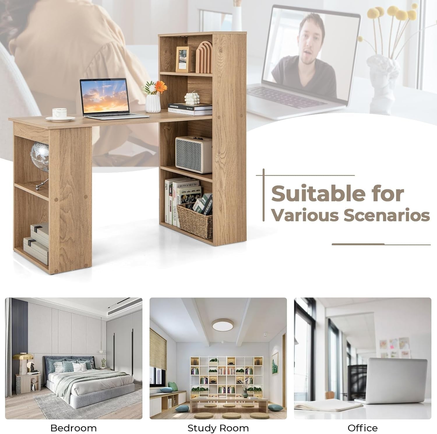 Natural Wood Computer Desk 122x52cm with 6-Tier Storage Shelves