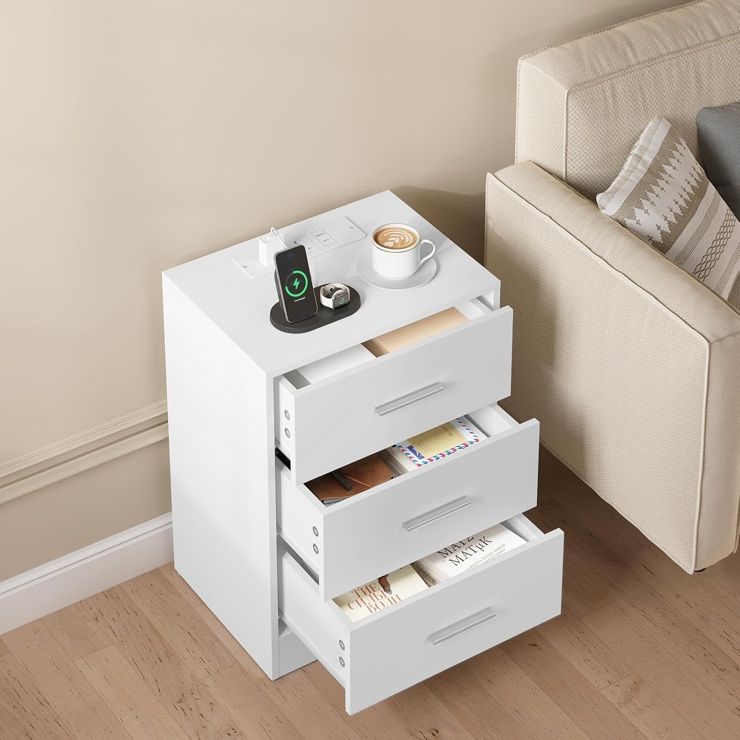 Pair of White 3 Drawer Bedside Tables with Charging Station – Modern Nightstands