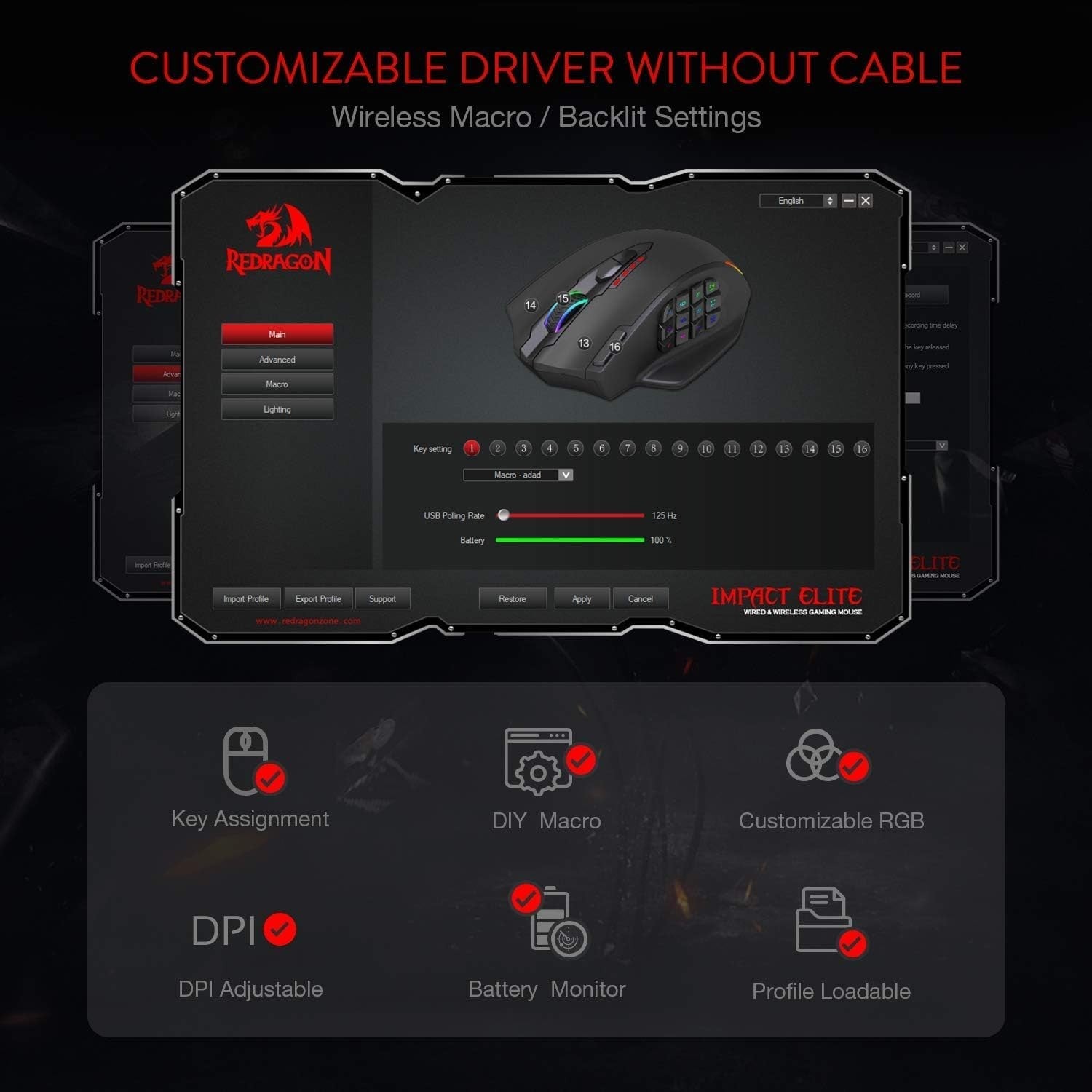 Wireless Gaming Mouse 16000 DPI RGB MMO 16 Buttons Rechargeable PC