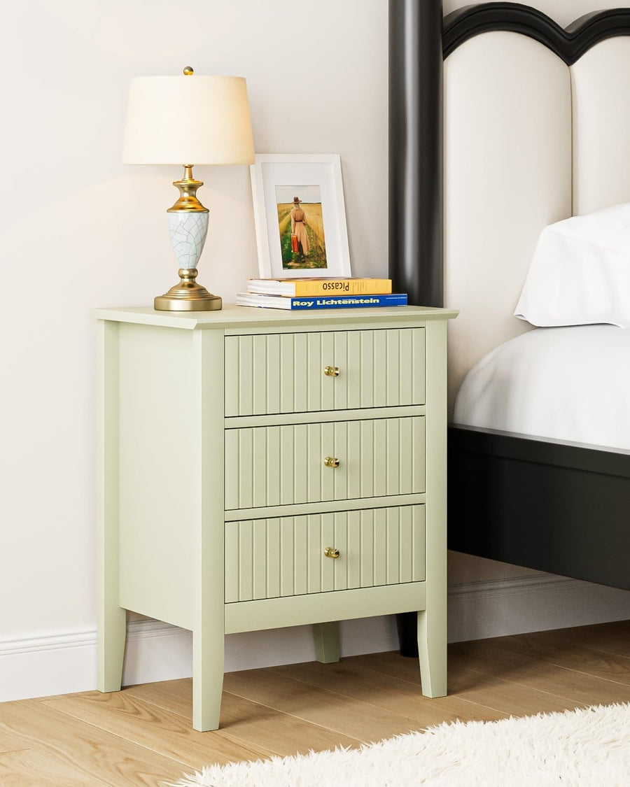Modern Green Bedside Table with 3 Drawers Wooden Nightstand Bedroom Storage