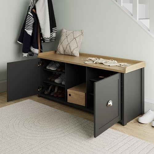 Black 2-Door Shoe Storage Bench – Rustic Entryway Seat & Hallway Organizer