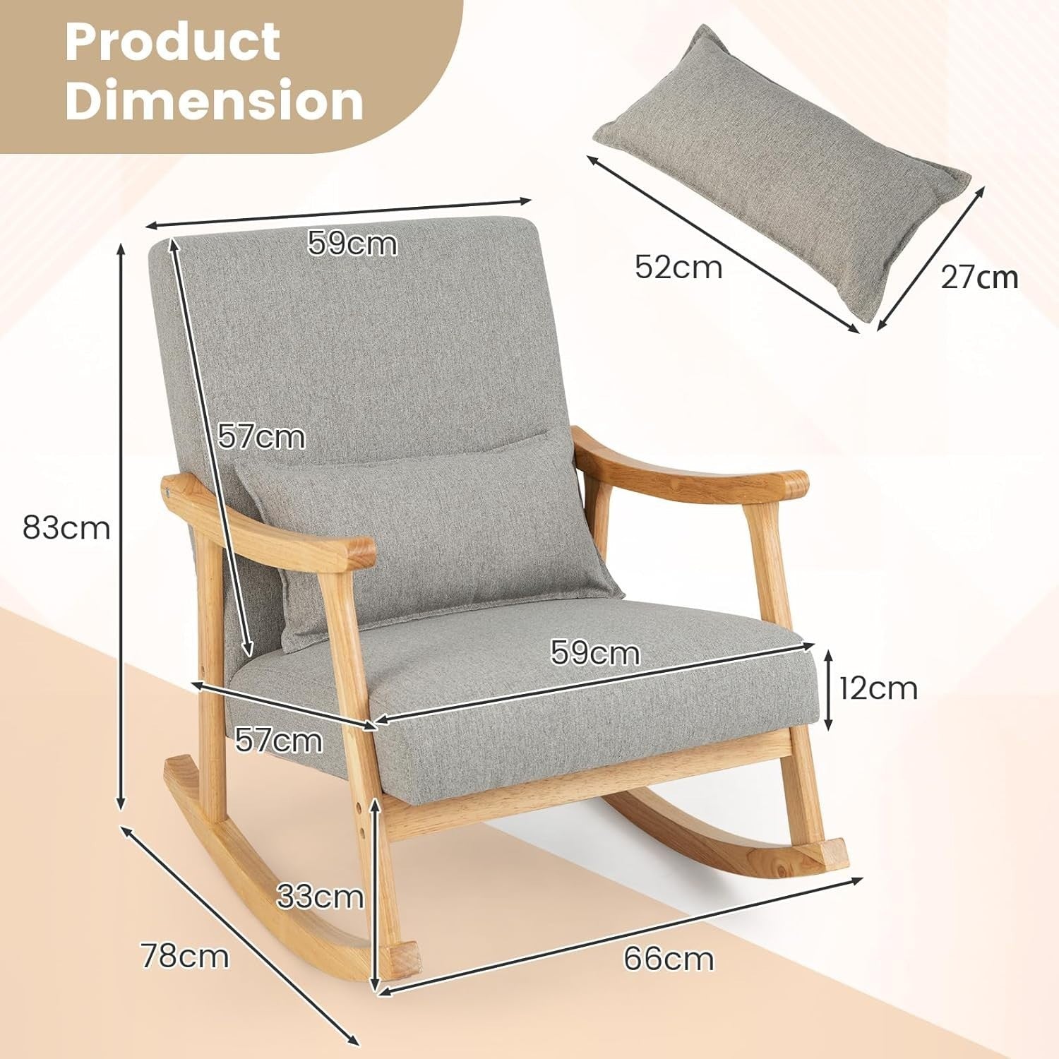 Rocking Chair with Cushion & Lumbar Pillow – Solid Wood, 83cm High, Relax