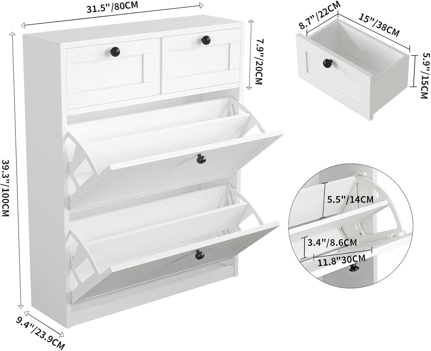 Slim 2 Flip Drawer Shoe Cabinet with Adjustable Shelves & Storage Drawers