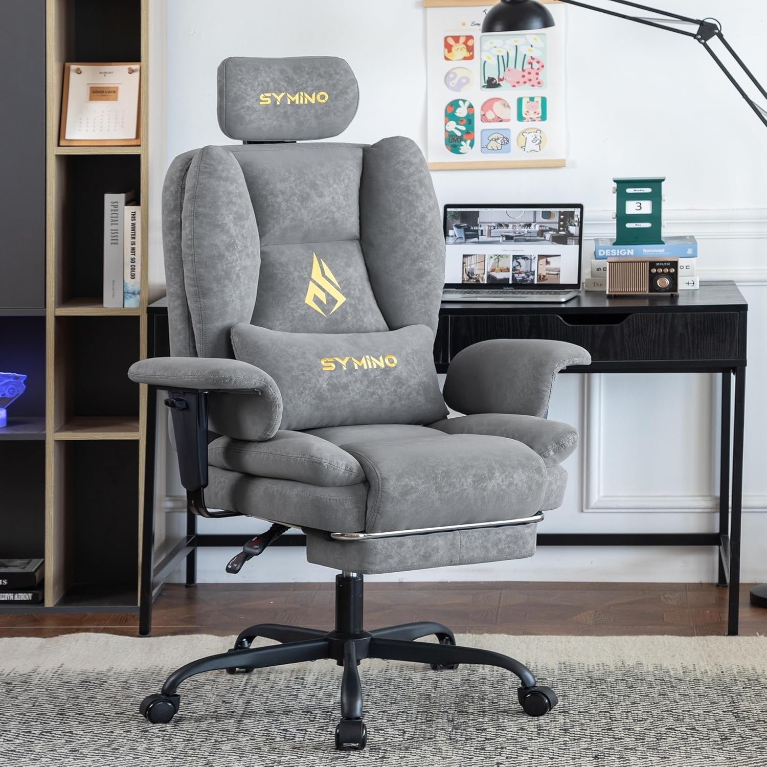 Gaming Chair with Footrest Ergonomic PU Leather Recliner Grey