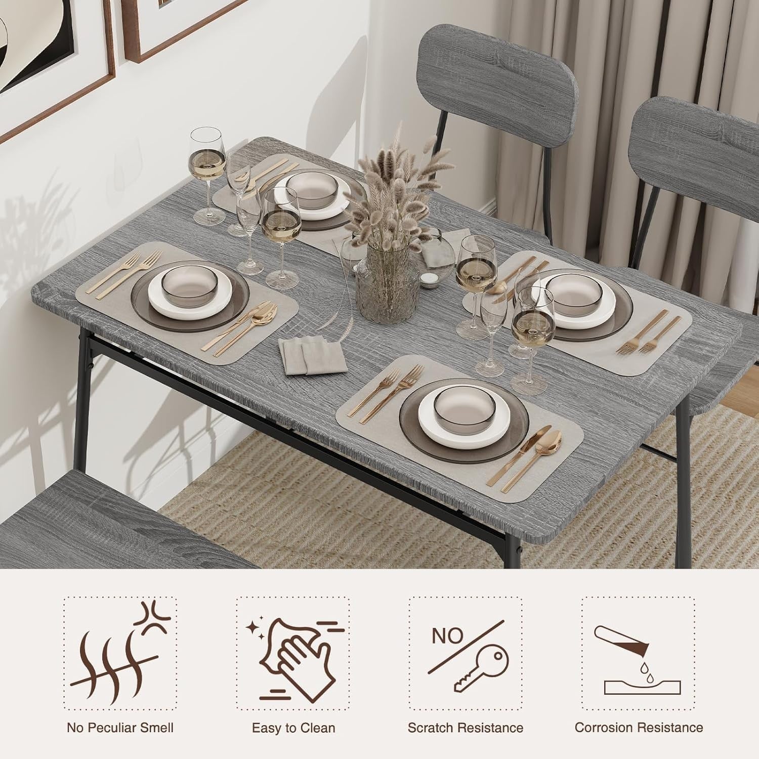 Dining Table Set with Bench & 2 Chairs | Storage Rack | Modern Grey