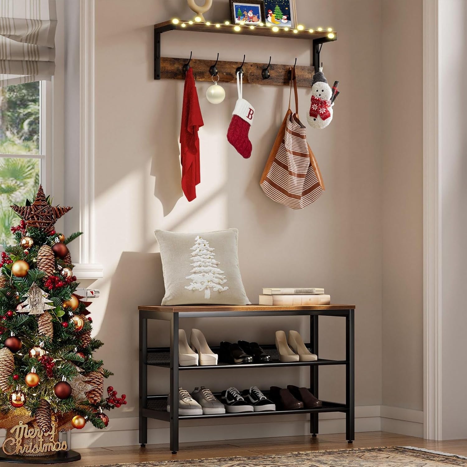 Rustic Wall Coat Rack with Shelf 7 Hooks 70cm Hallway Entryway Organizer