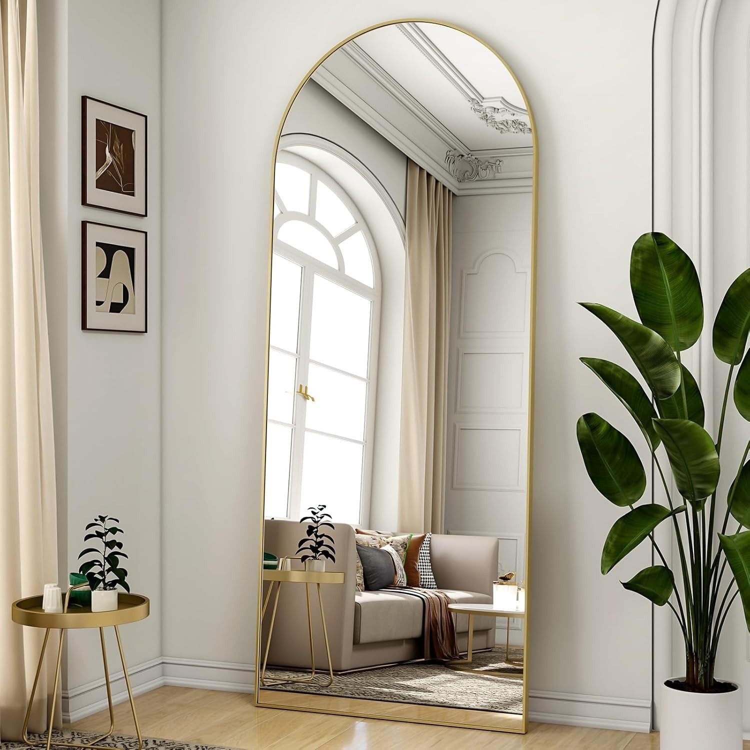 Arched Full Length Mirror 165x60cm Wall Standing Gold Frame, Shatterproof