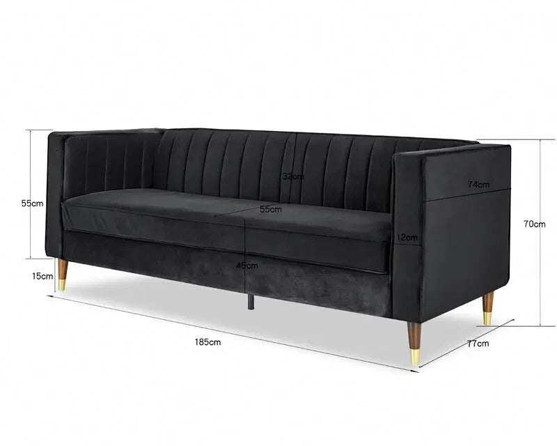 3 Seater Black Velvet Sofa Ribbed Back UKFR Modern Luxury Lounge Couch