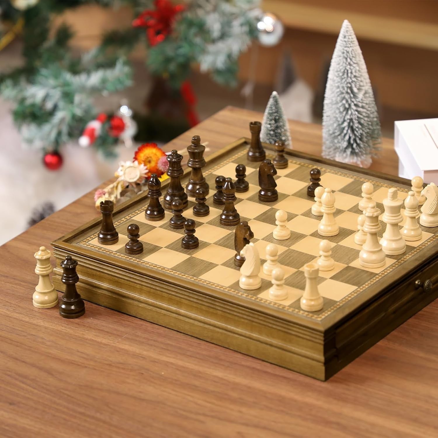 38cm Wooden Magnetic Chess Set with Storage Drawers & Extra Queens