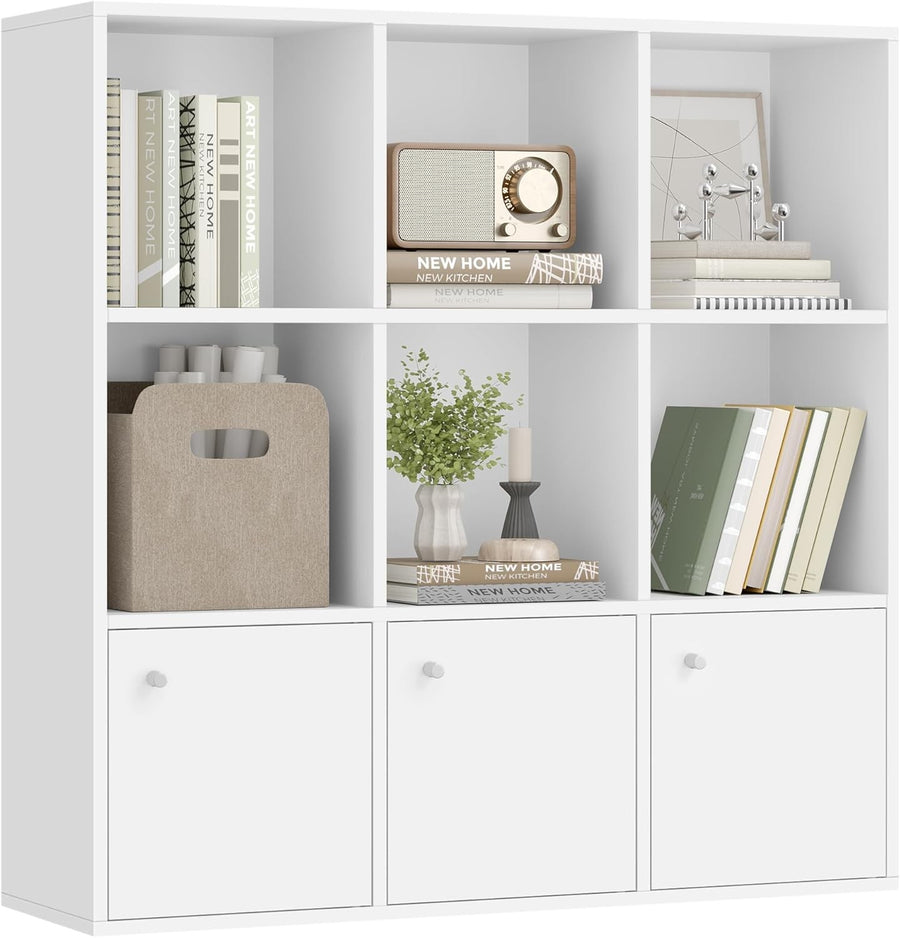 9-Cube White Bookcase with Cabinets, Modern Storage Shelf Unit for Home Office