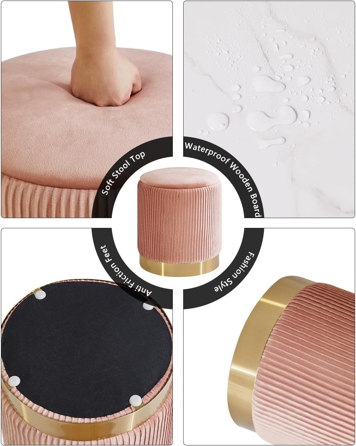 Set of 2 Pink Round Storage Ottomans – Velvet Pouffe Stools & Side Tables