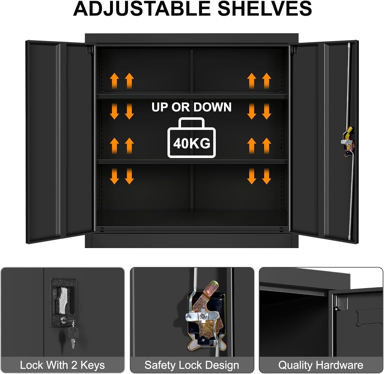 Metal Storage Cabinet Black Lockable Cupboard 2 Door Adjustable Shelves 90cm