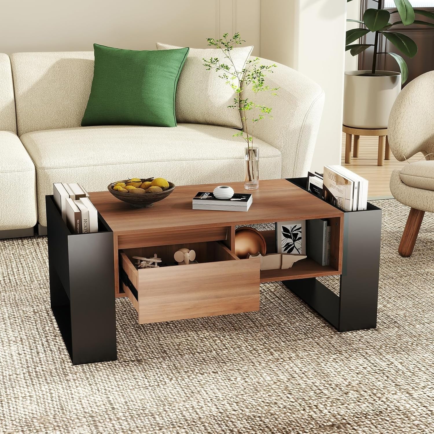 Rustic Brown Coffee Table with Storage Drawer & Shelves 98x50x40cm
