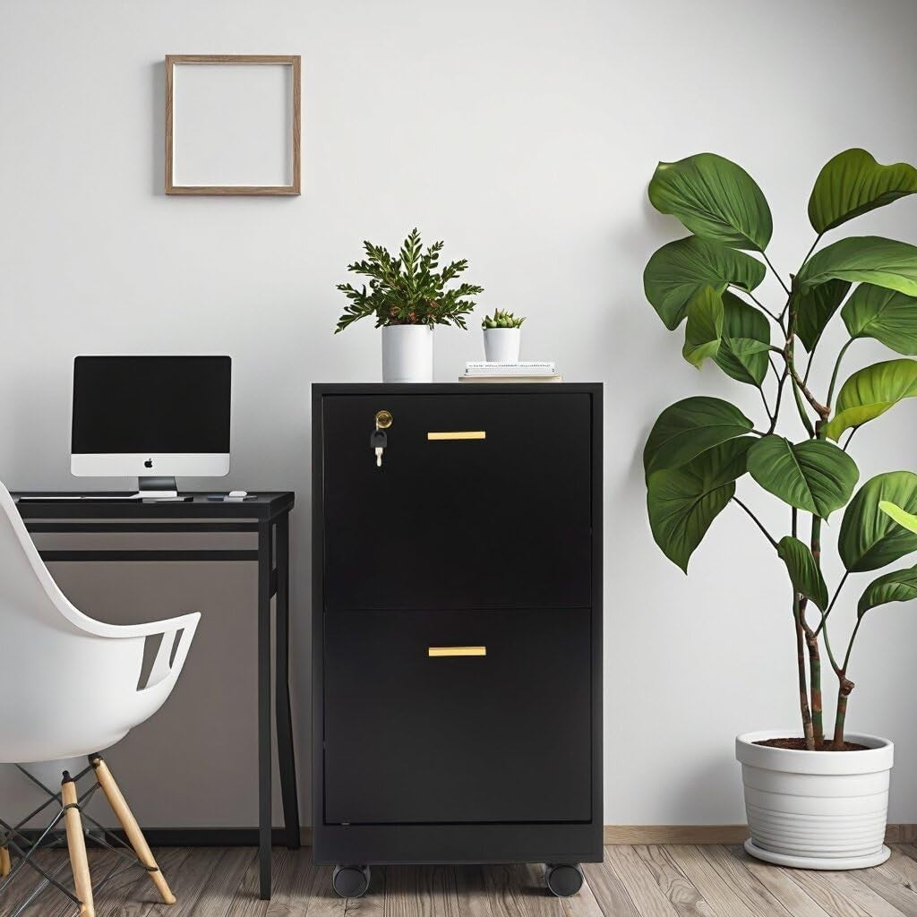 Black Locking 2 Drawer Rolling File Cabinet Vertical Under Desk Storage
