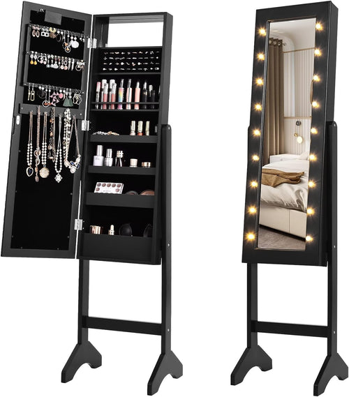 LED Standing Jewelry Armoire Full Length Mirror Adjustable Storage Black