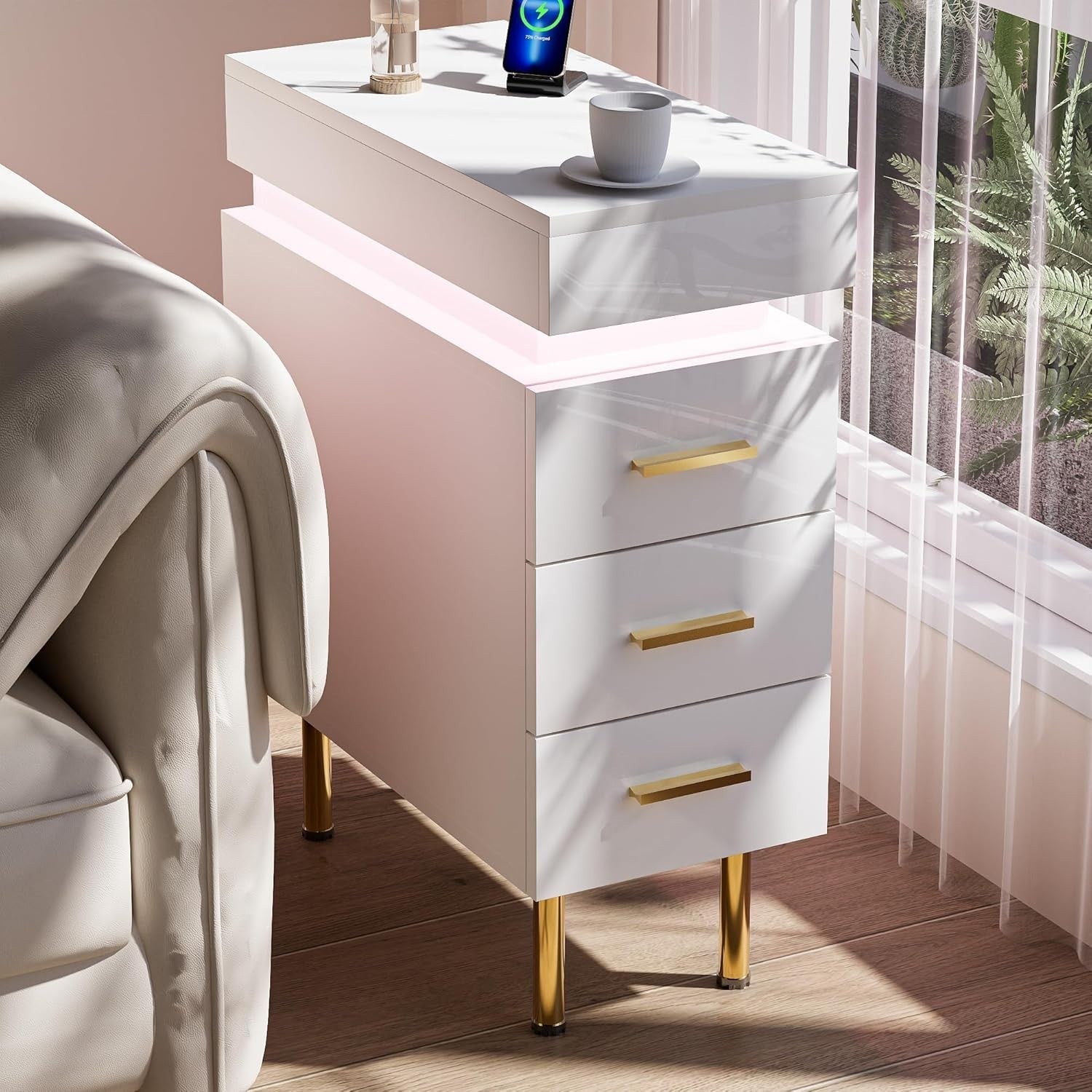 Modern LED Bedside Table with USB Charging, 3 Drawers+Hidden Storage, Gold Legs