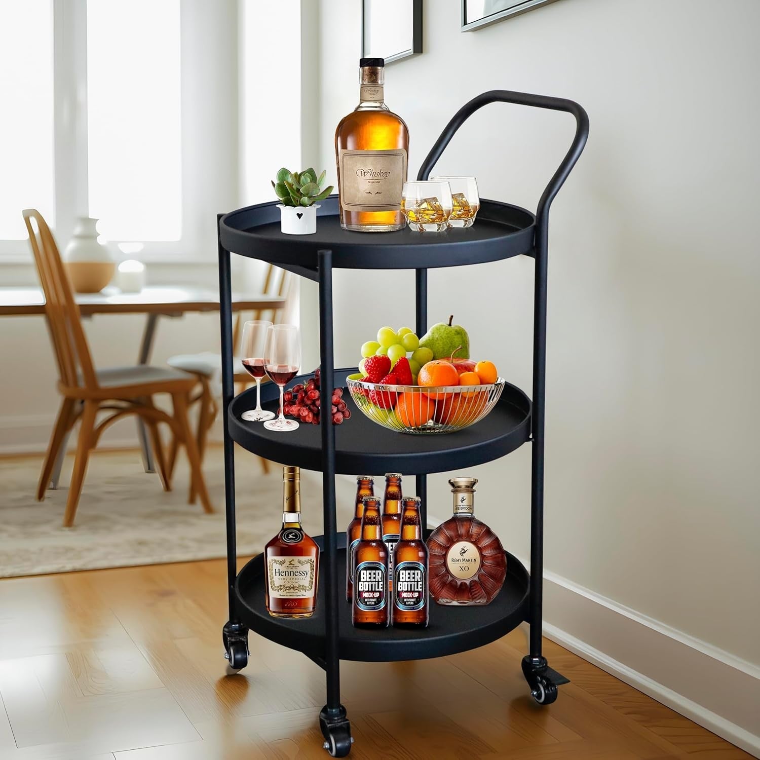 3 Tier Rolling Bar Cart Metal Serving Trolley with Wheels Lockable Storage