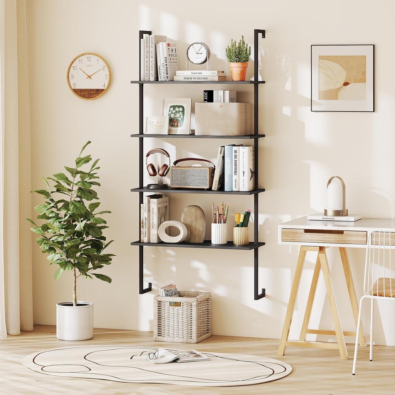 4 Tier Ladder Shelf Wall Mounted Bookcase Metal Frame Storage Rack