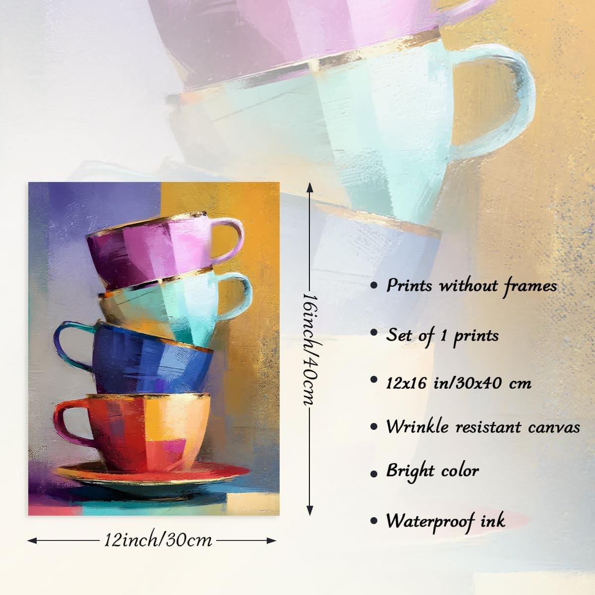 Colorful Coffee Cups Wall Art Print 12x16in Kitchen Cafe Decor