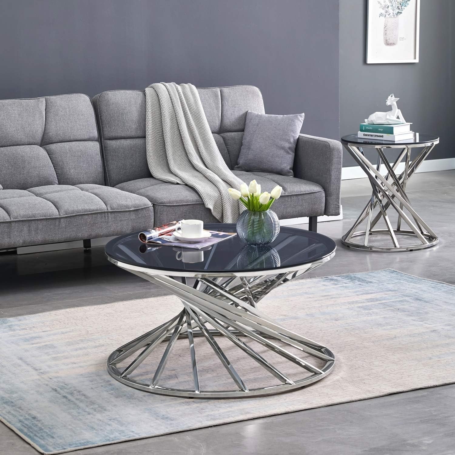 Modern Silver Side Table Round 50cm, Glass Top & Steel Frame, No Assembly