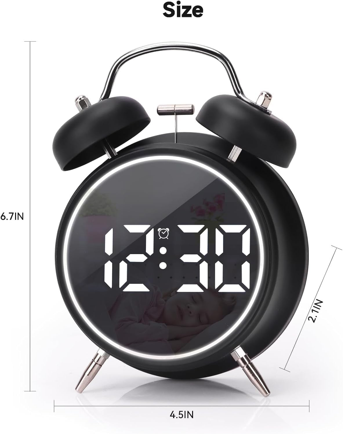Digital Twin Bell Alarm Clock Loud Wake Up LED Night Light Heavy Sleepers