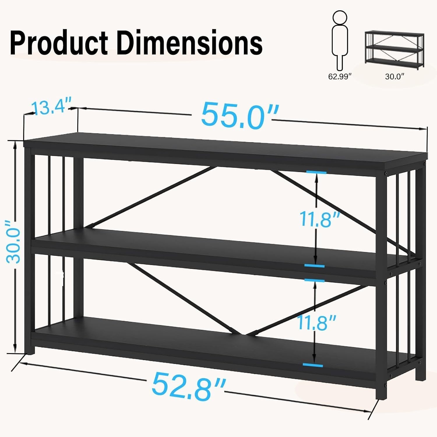 Modern Black Console Table with 3-Tier Storage, Industrial Metal Frame, 140cm
