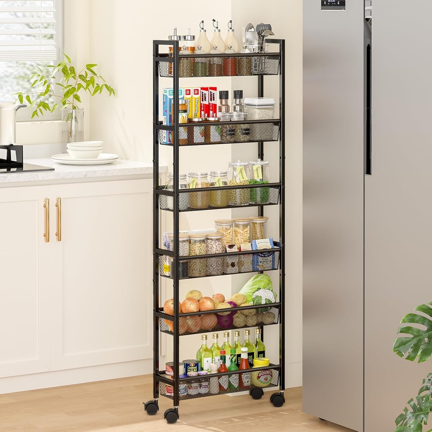 6 Tier Slim Storage Cart Narrow Rolling Organizer Shelf White Metal
