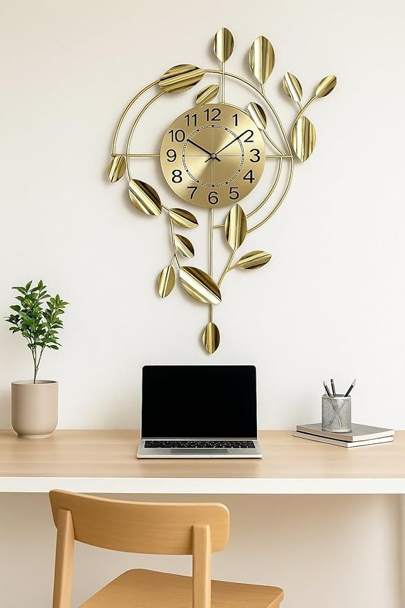 Luxury Gold Leaf Wall Clock Modern 78×48cm Silent Metal Art Decor Living Room