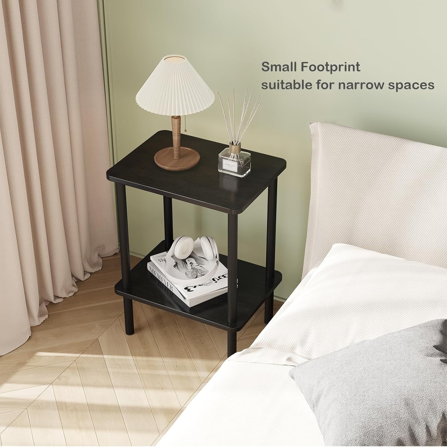 Compact 2-Tier Wooden Side Table, Narrow Bedside Storage, Black Finish
