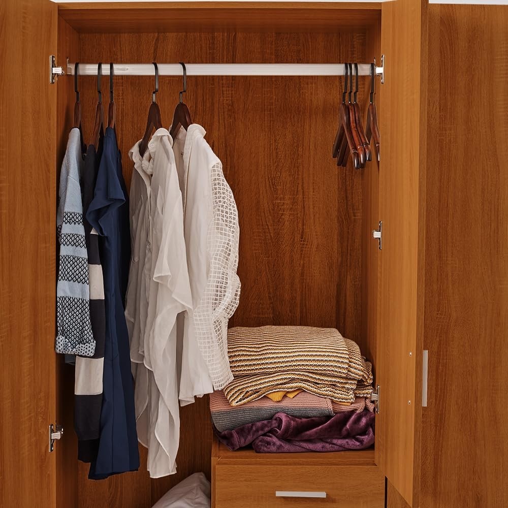 Large 3 Door Wardrobe with 3 Drawers, Shelves & Hanging Rail - Brown Bedroom