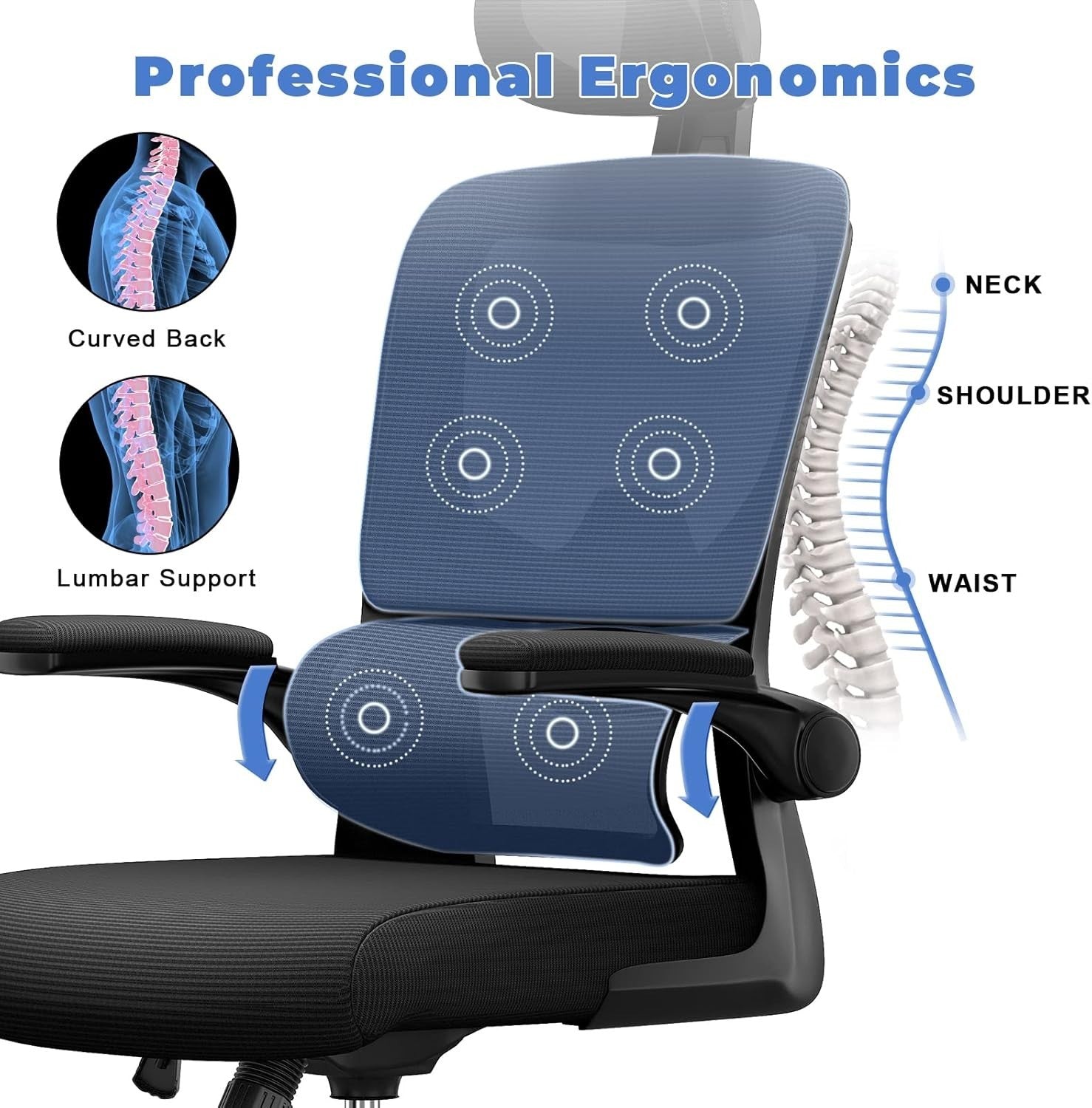 Ergonomic Mesh Office Chair, Adjustable Headrest & Backrest, Flip-up Arms, Cross