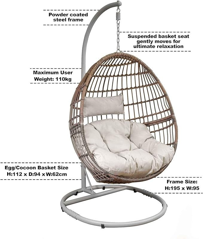 Outdoor Hanging Egg Chair Rattan Swing Seat Fire-Safe Cushions 110kg