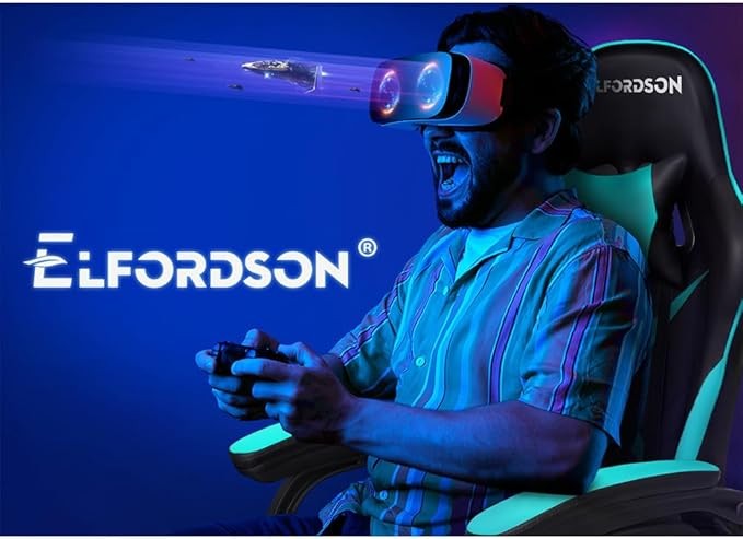 ELFORDSON Gaming Chair w/ 2-Point Massage Lumbar Cyan