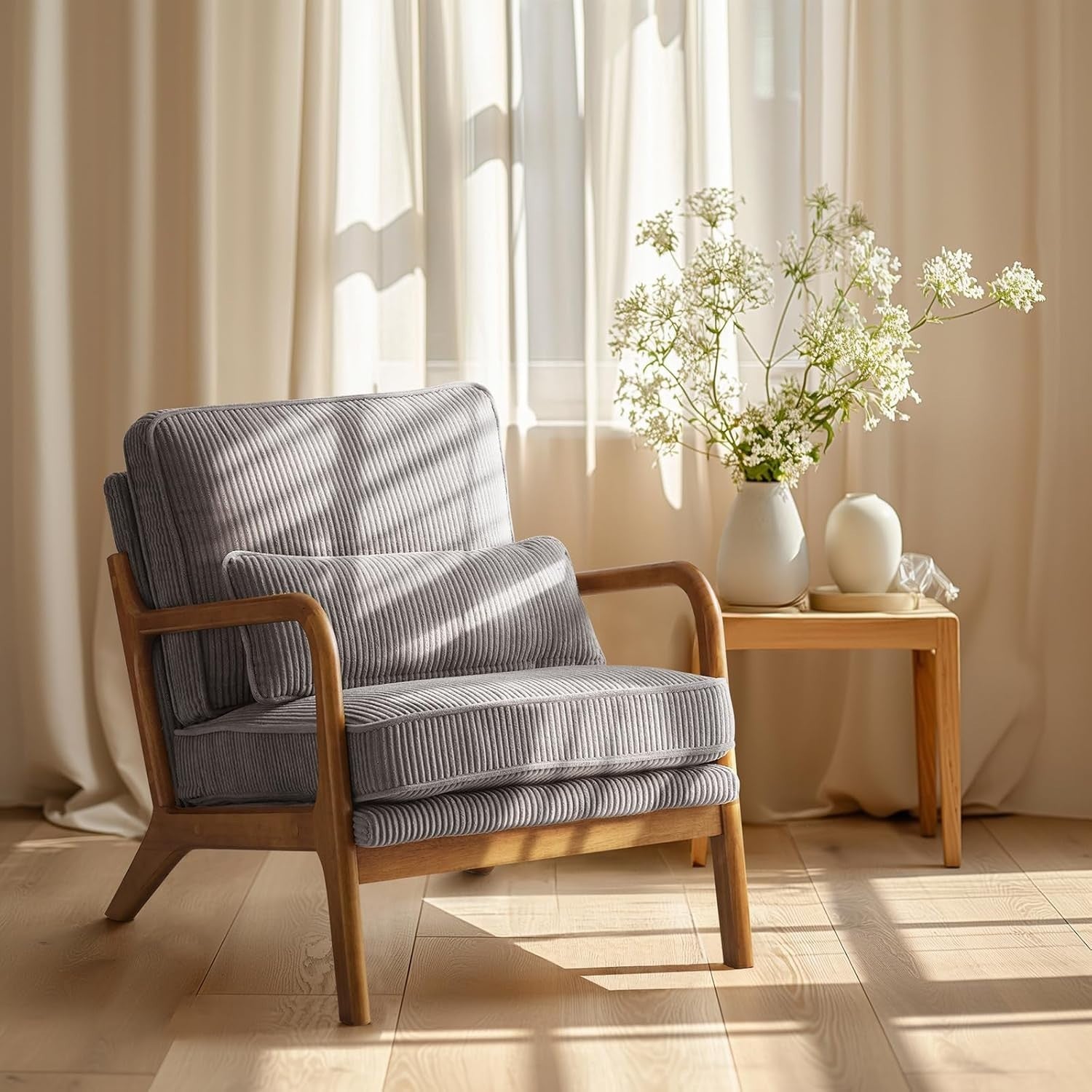 Mid Century Corduroy Armchair Lounge Reading Chair with Cushions Grey