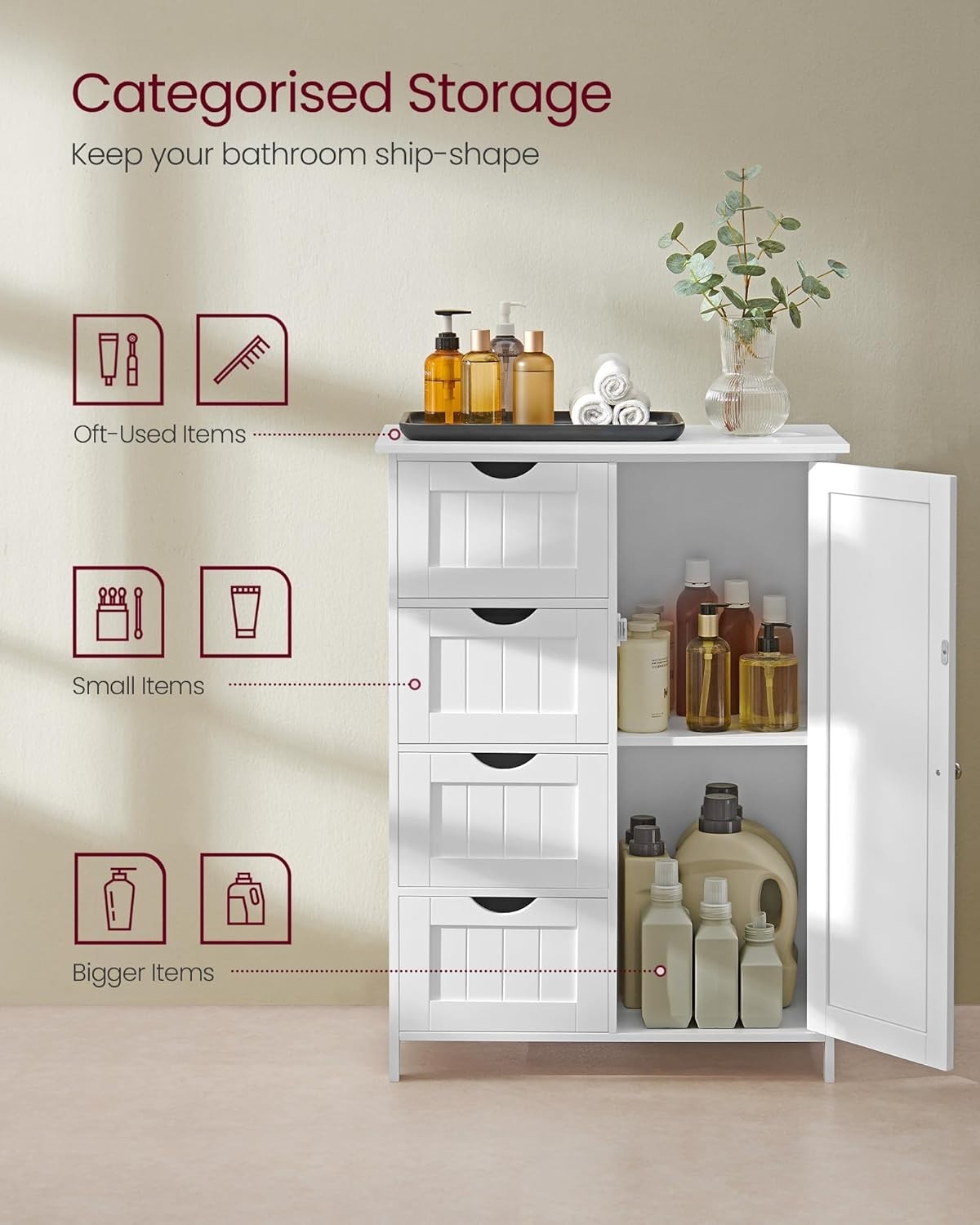 Bathroom Storage Cabinet with 4 Drawers & Adjustable Shelf, Compact & Sturdy
