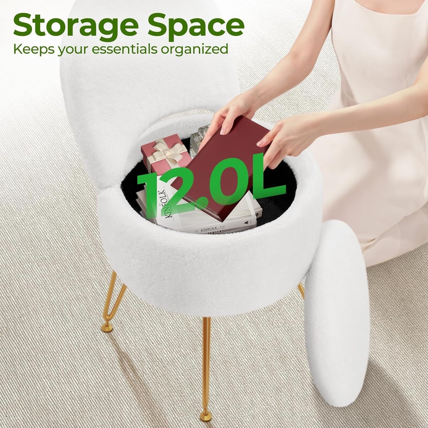 White Velvet Vanity Chair Large with Storage Foldable Backrest Footstool