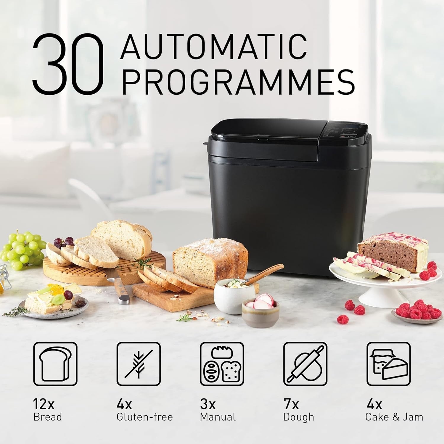 Automatic Bread Maker 30 Programs Nuts Dispenser Gluten-Free Black Stainless