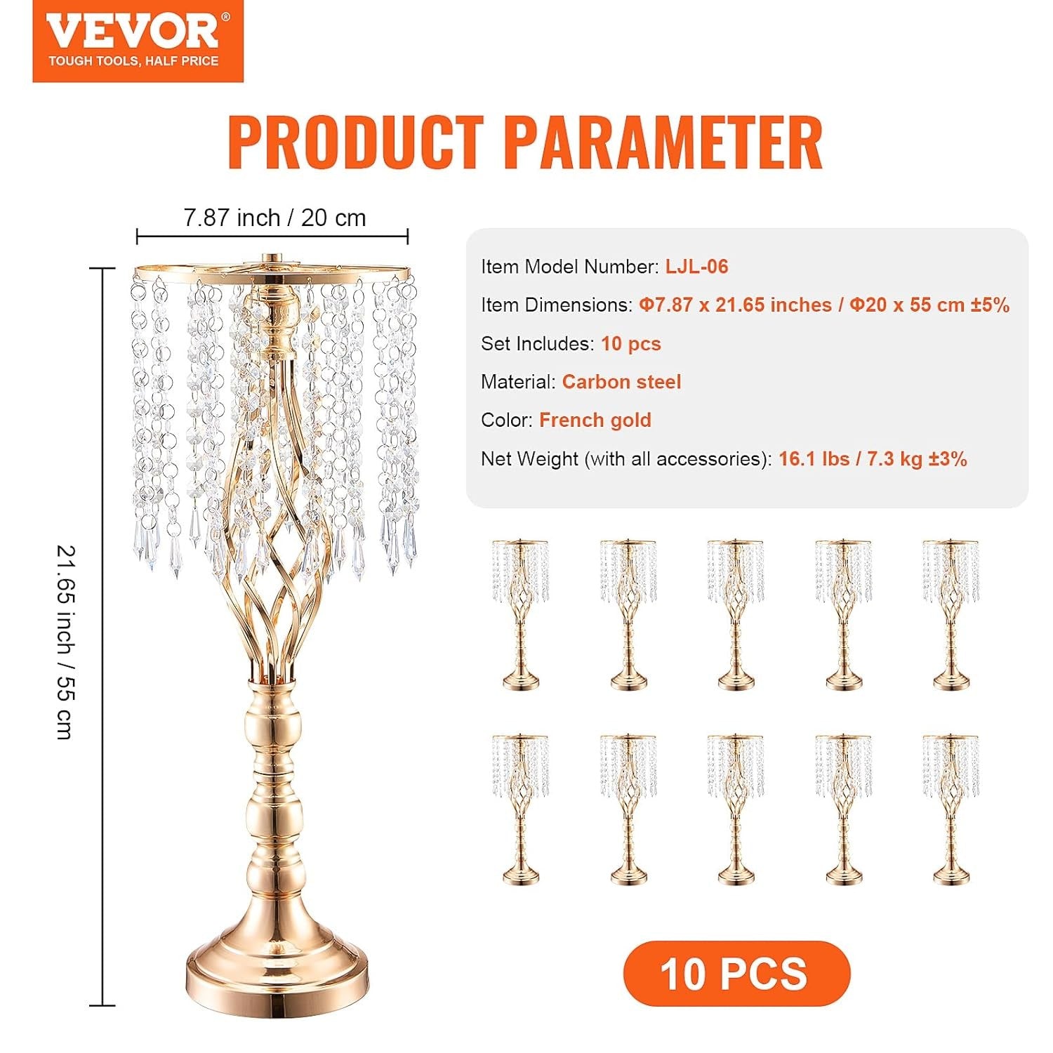 10Pcs 55cm Gold Crystal Wedding Flower Stand Tall Table Centerpieces