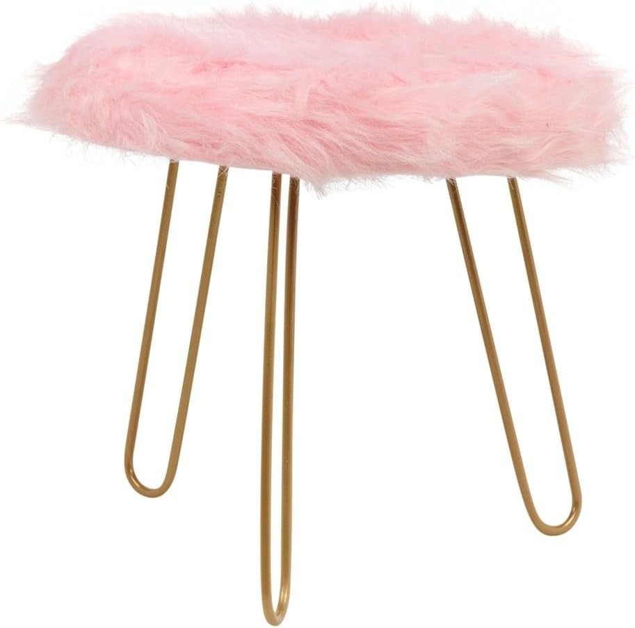 Pink Faux Fur Vanity Stool Round Gold Hairpin Legs Modern Accent Seat