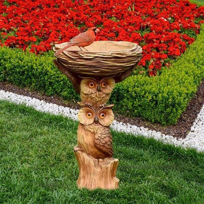 Owl Resin Bird Bath & Feeder – Waterproof Garden Ornament Yard Decor