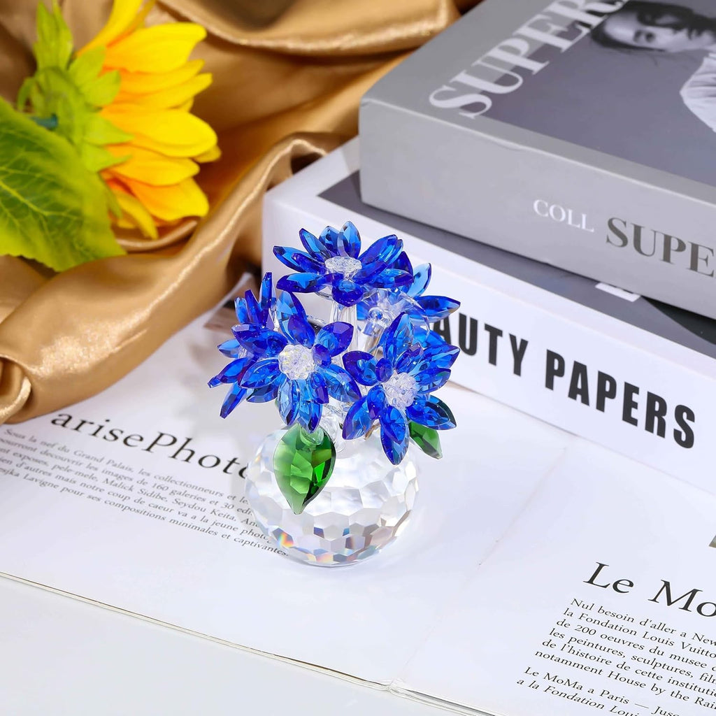 Crystal Sapphire Daisy Bouquet Ornament Blue Glass Flowers Gift Home Decor 10cm