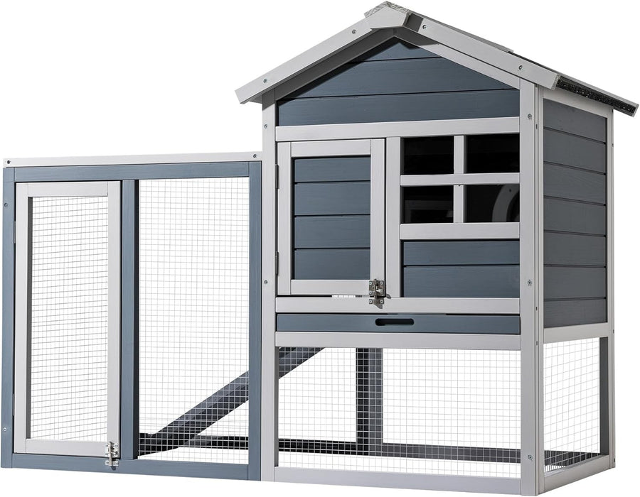 Large Rabbit Hutch with Run Outdoor Grey Elevated Wooden Shelter