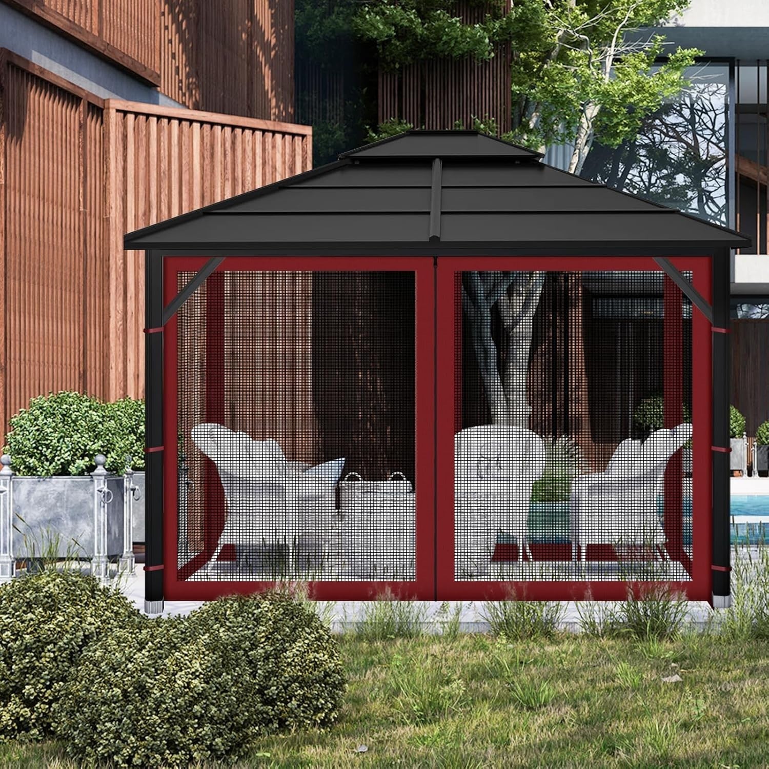 10x10ft Red Gazebo Mosquito Netting 4 Panels Zipper Sidewalls Outdoor