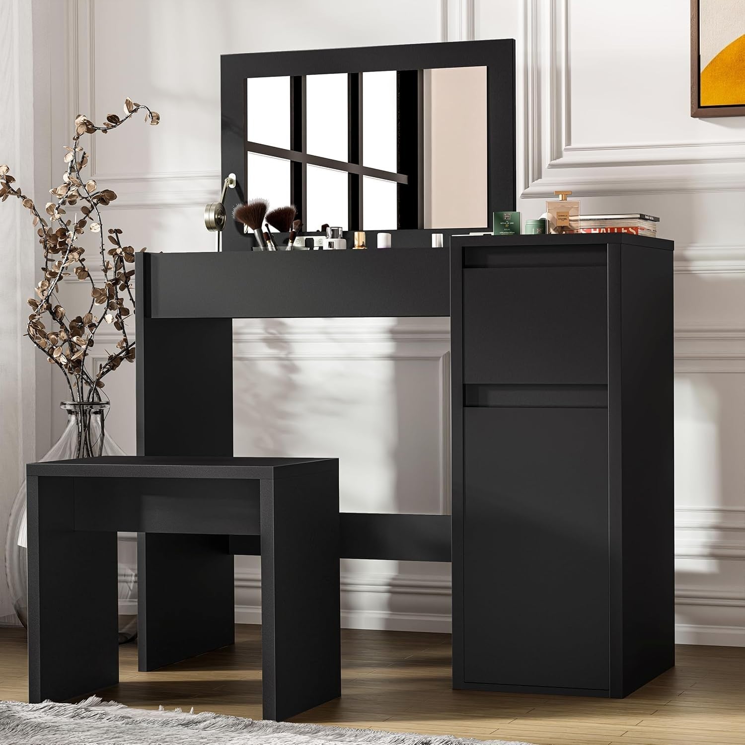 2-in-1 Black Dressing Table Flip Top Mirror Vanity Desk Makeup Storage 81cm