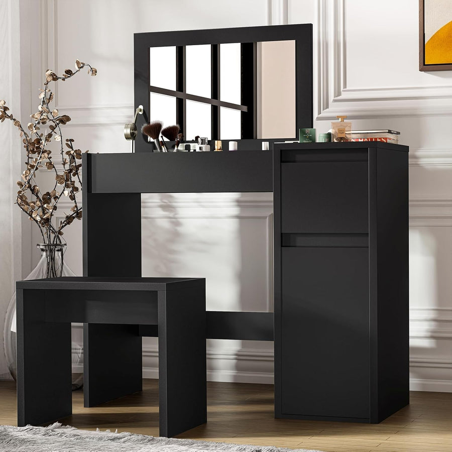 2-in-1 Black Dressing Table Flip Top Mirror Vanity Desk Makeup Storage 81cm