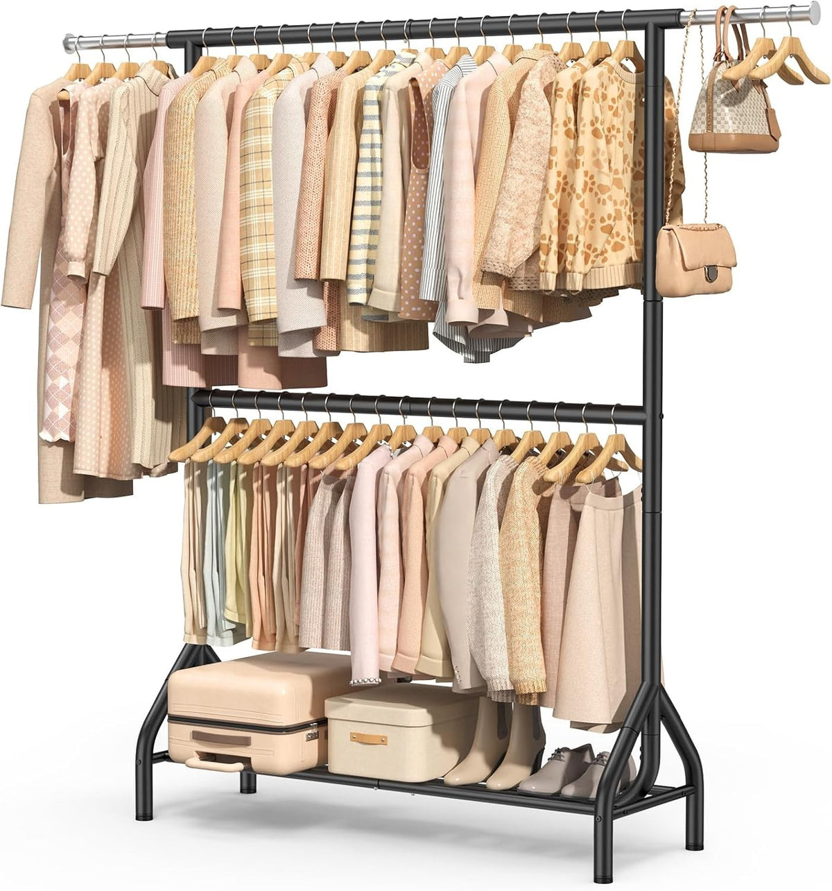 280KG Double Clothes Rail with Shelves – Heavy Duty Black