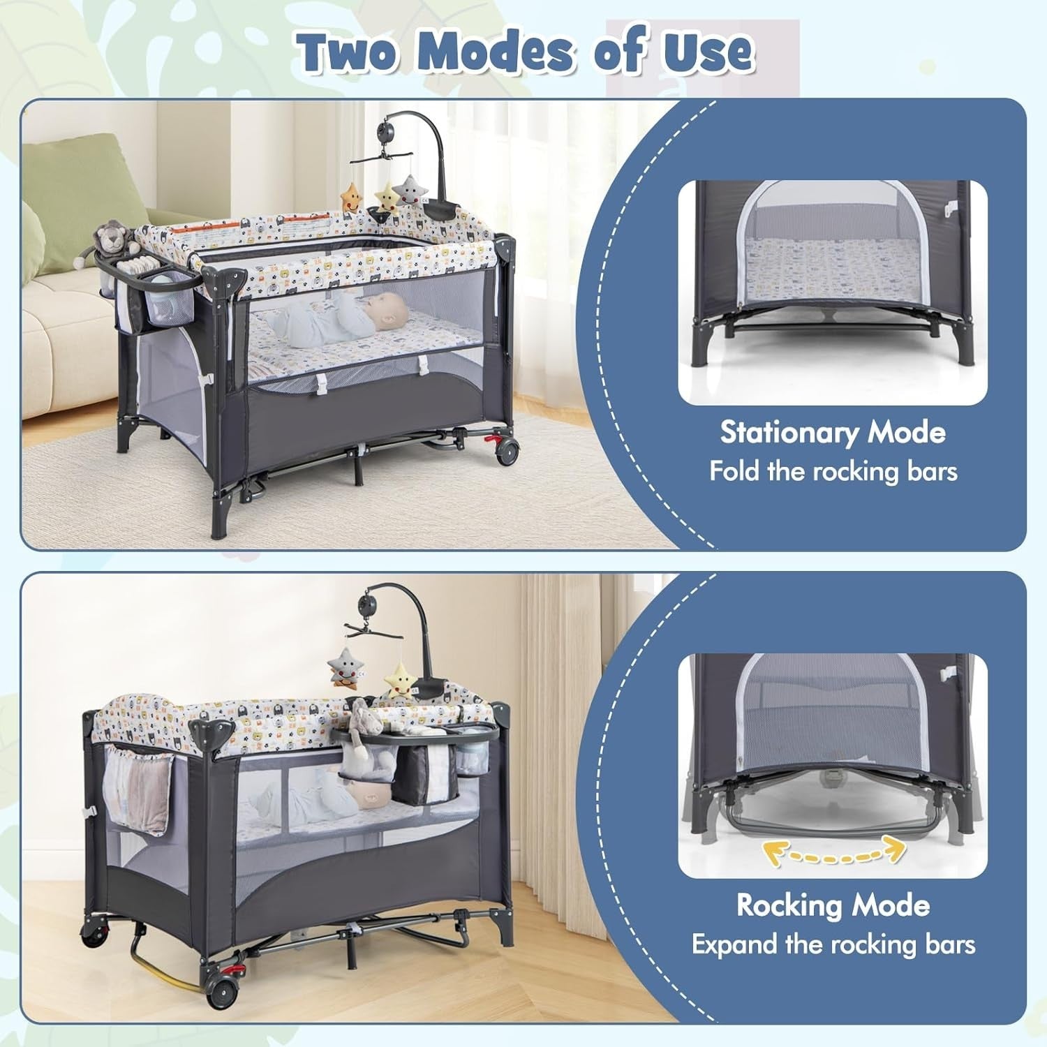 6in1 Baby Travel Cot Foldable Crib with Mattress, Changer & Storage Bear