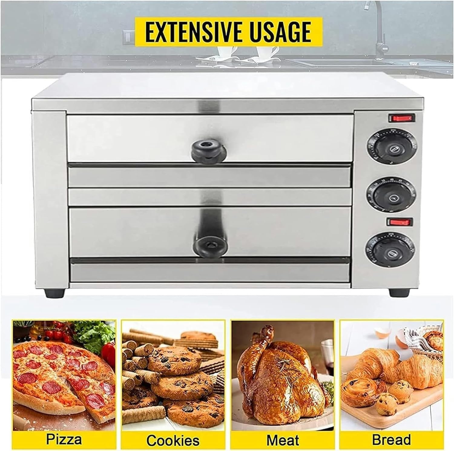 16" Commercial Electric Pizza Oven | Dual Deck Countertop Grill 300°C Timer 60mi