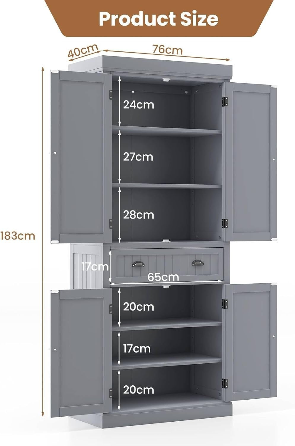 Grey Tall Kitchen Cupboard 183cm Pantry Storage Cabinet Drawer Shelves