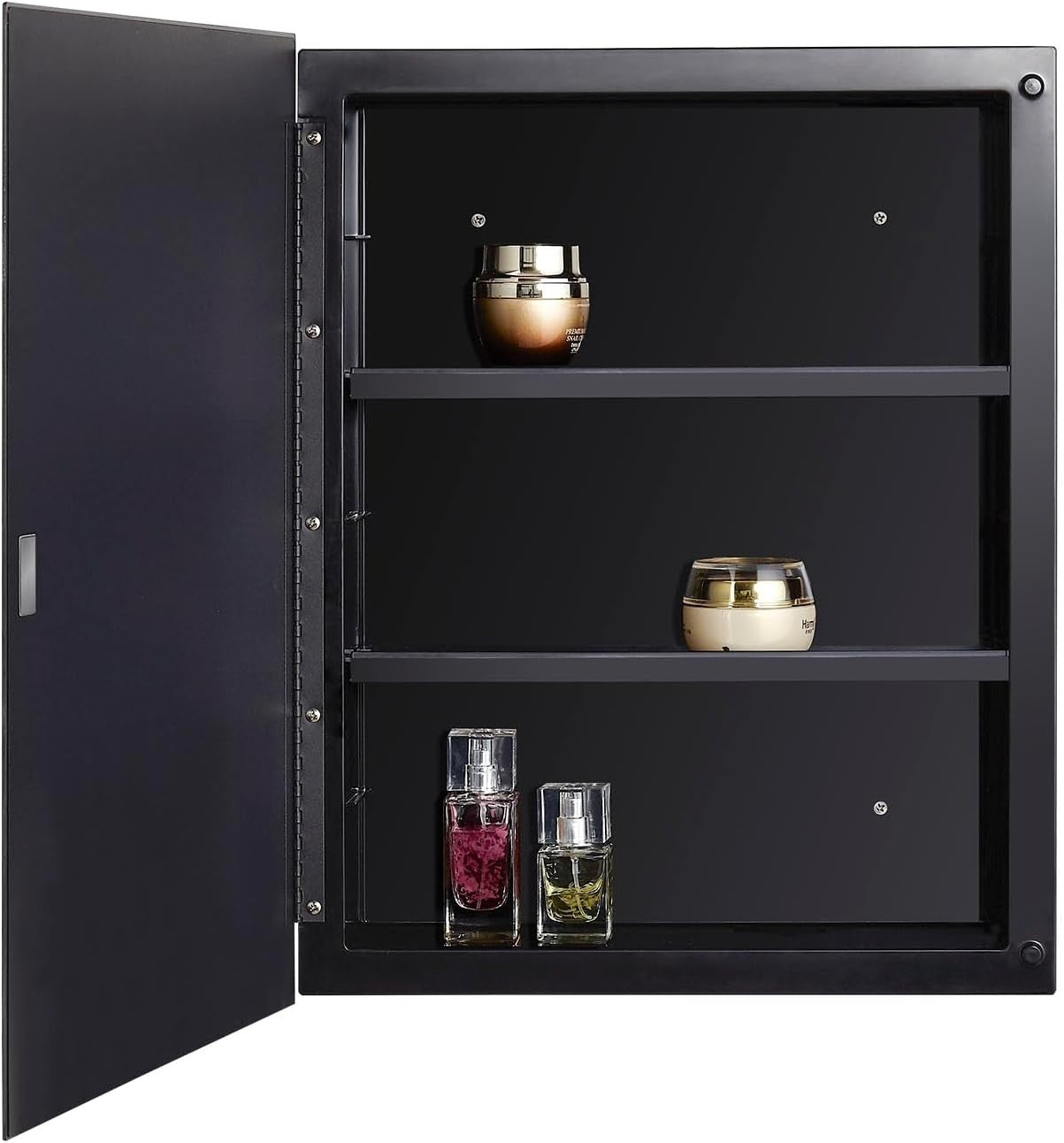 Wall-Mount Black Plastic Mirror Cabinet with Polished Edge & Adjustable Shelves